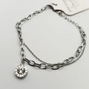 Roman Time Silver Stainless Steel Double Chain Bracelet