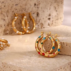 Chunky Multicolor Medium Stainless Steel  Size Hoop Earrings